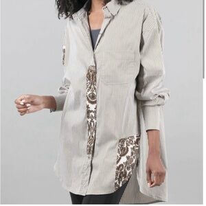 alembika patch striped button down velvet trim shirt